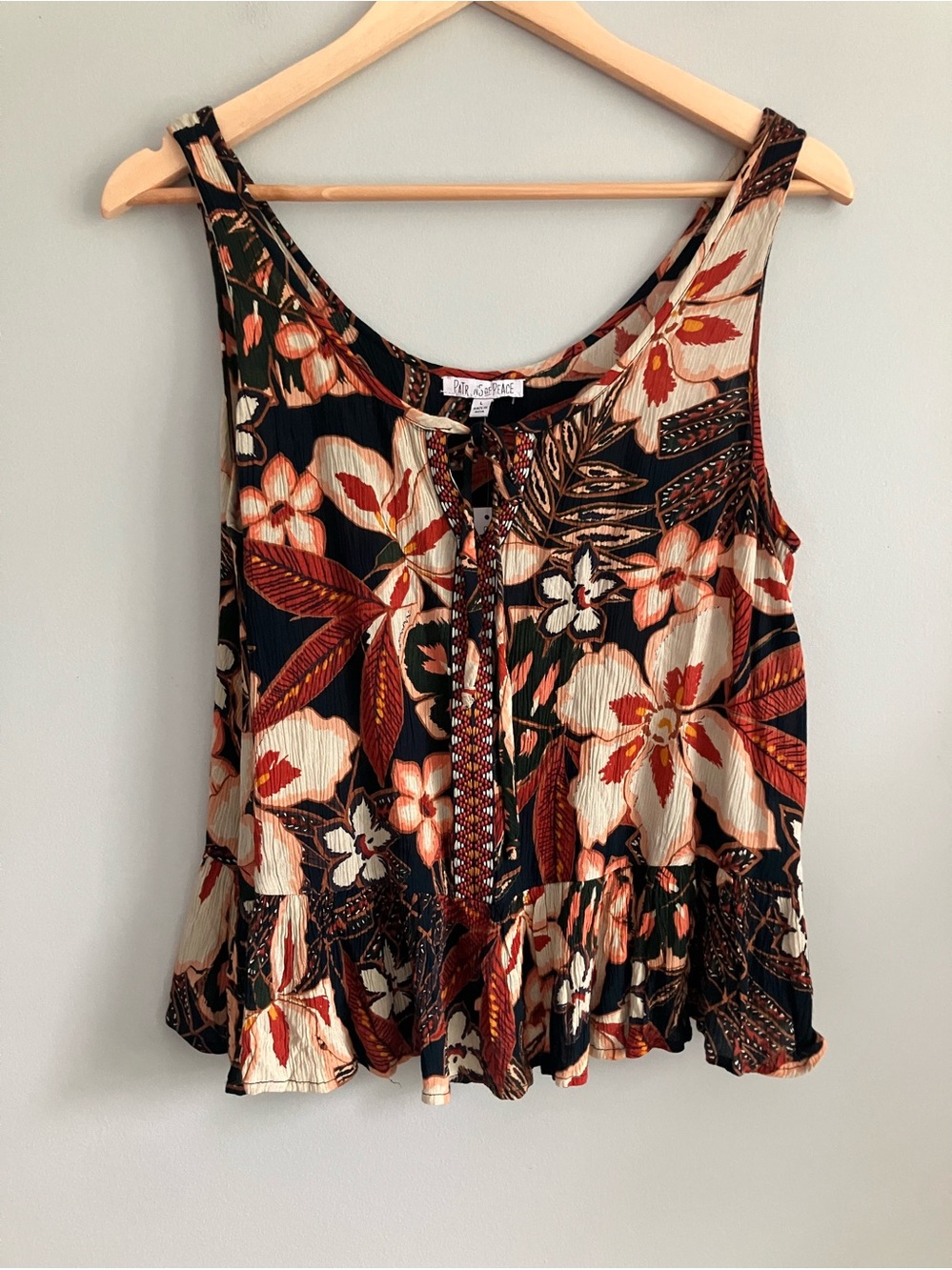 PATRONS OF PEACE Orange and Navy Floral Boho Tank Blouse Size L